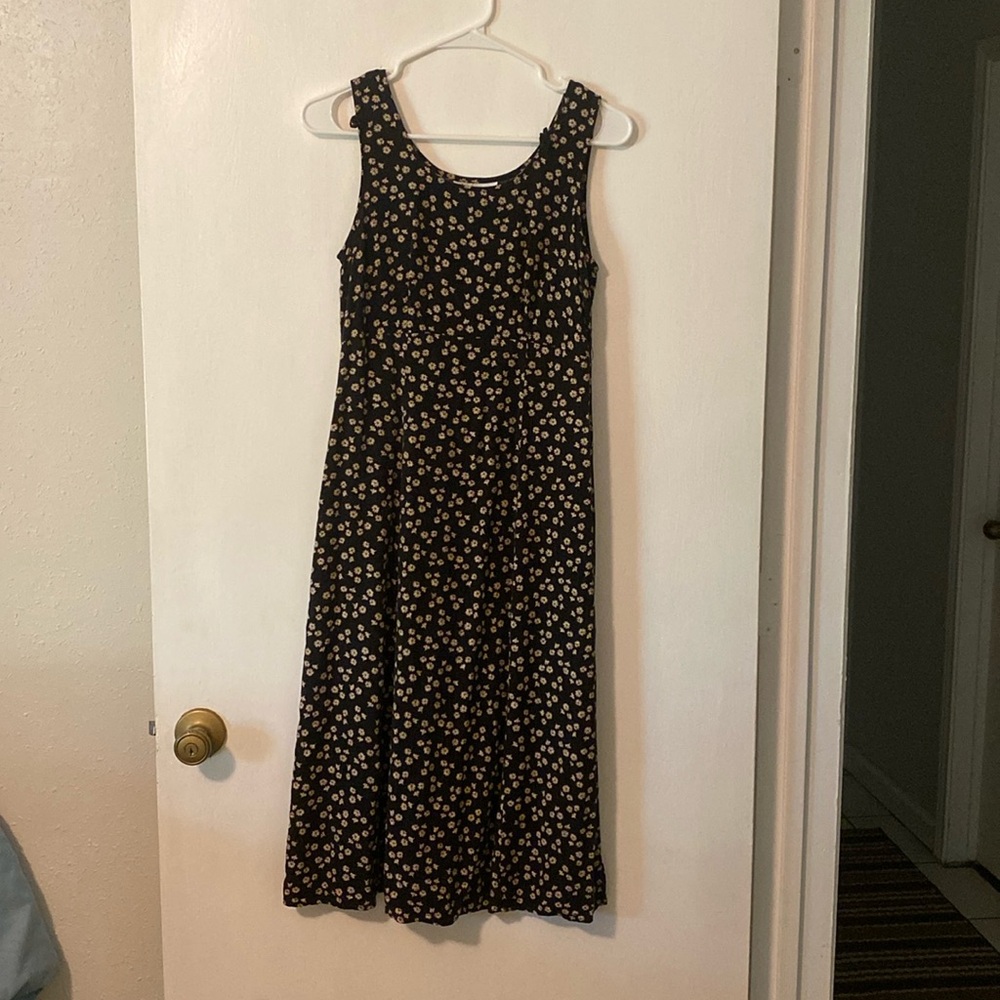 Black “Always, Caroline” dress with tan floral